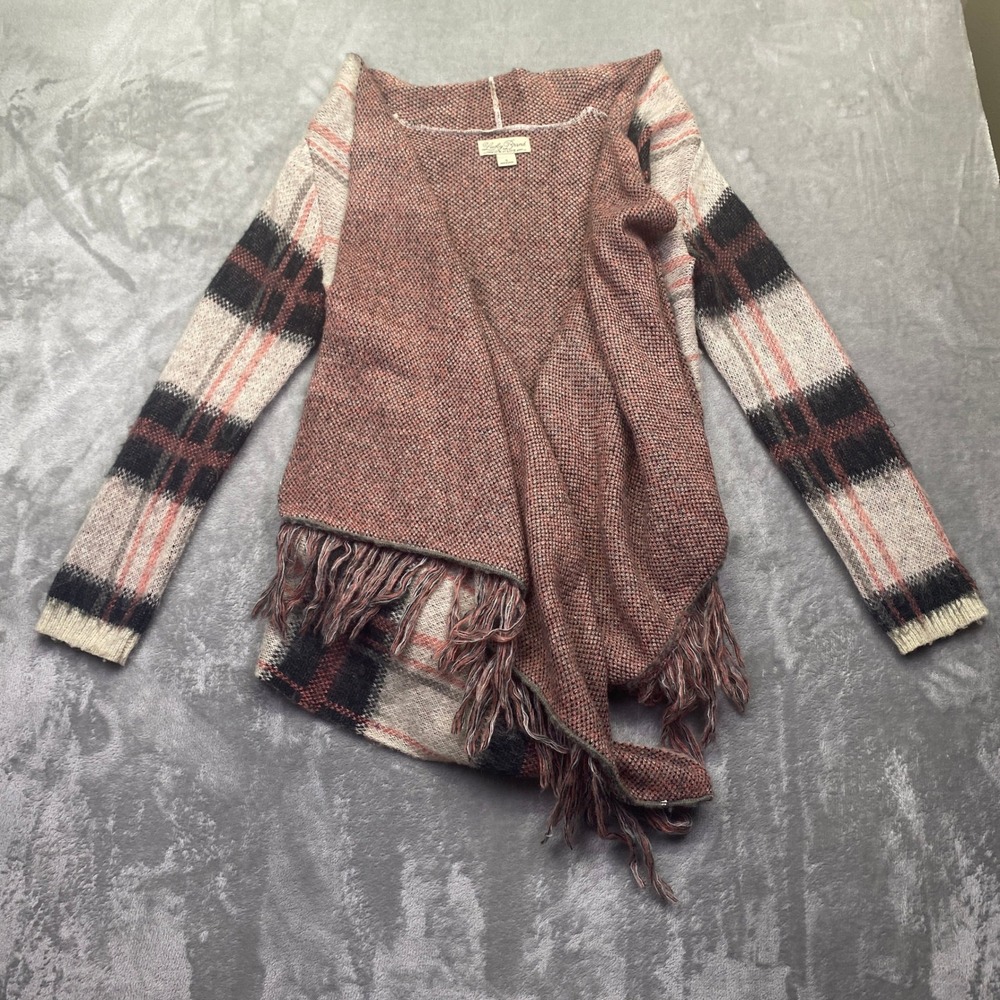 Lucky Brand Womens Plaid Fringe Open Front Cardigan Rust Wool Blend Small Boho